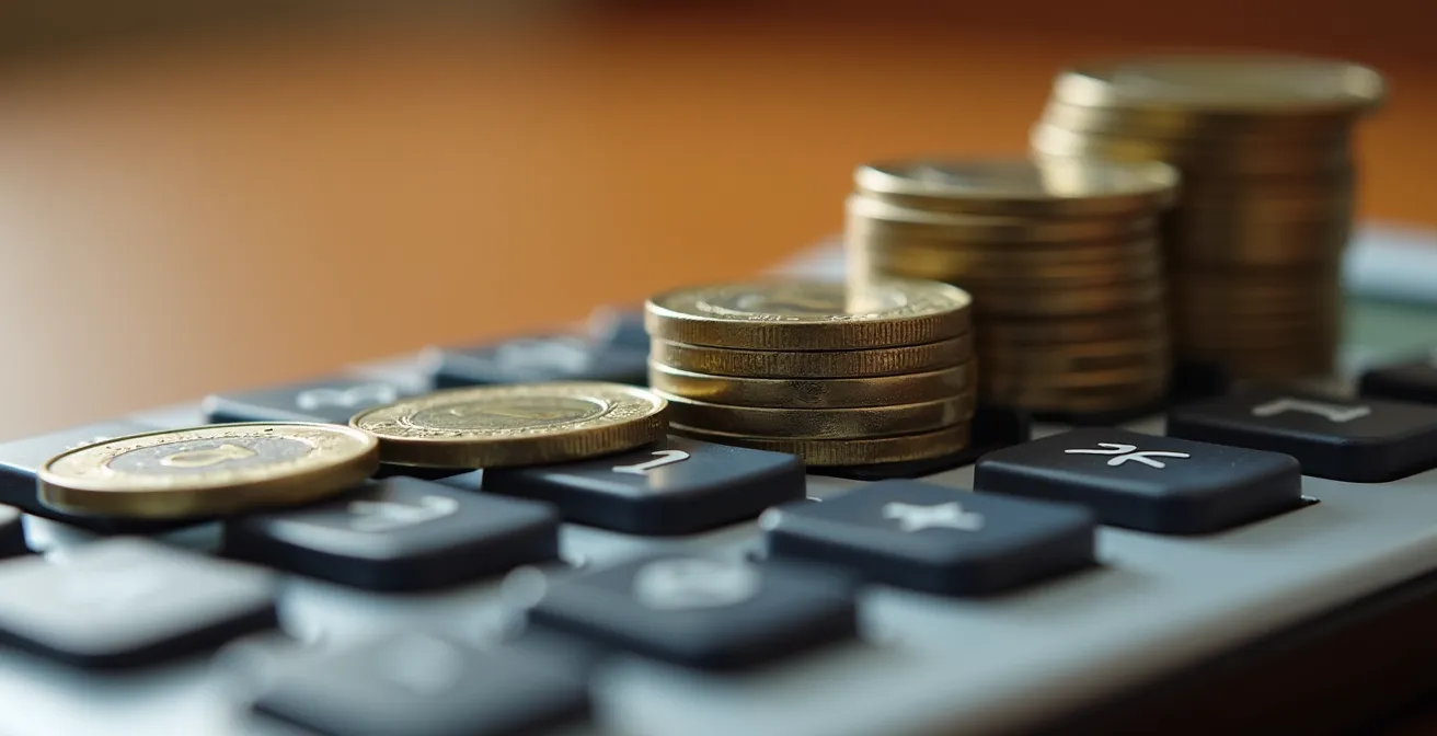 Vue macro d'une calculatrice avec pièces d'euros représentant le budget étudiant