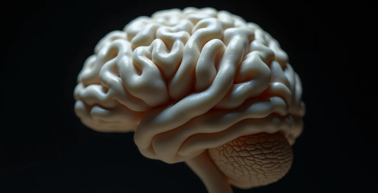 Vue macro de modèle anatomique de cerveau avec ses connexions complexes