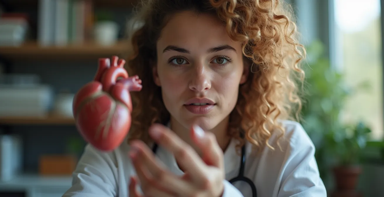 Une étudiante en réflexion devant des maquettes anatomiques, pesant son choix d'orientation