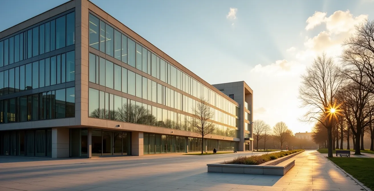 Vue architecturale montrant la transition entre bâtiment de lycée et faculté de médecine