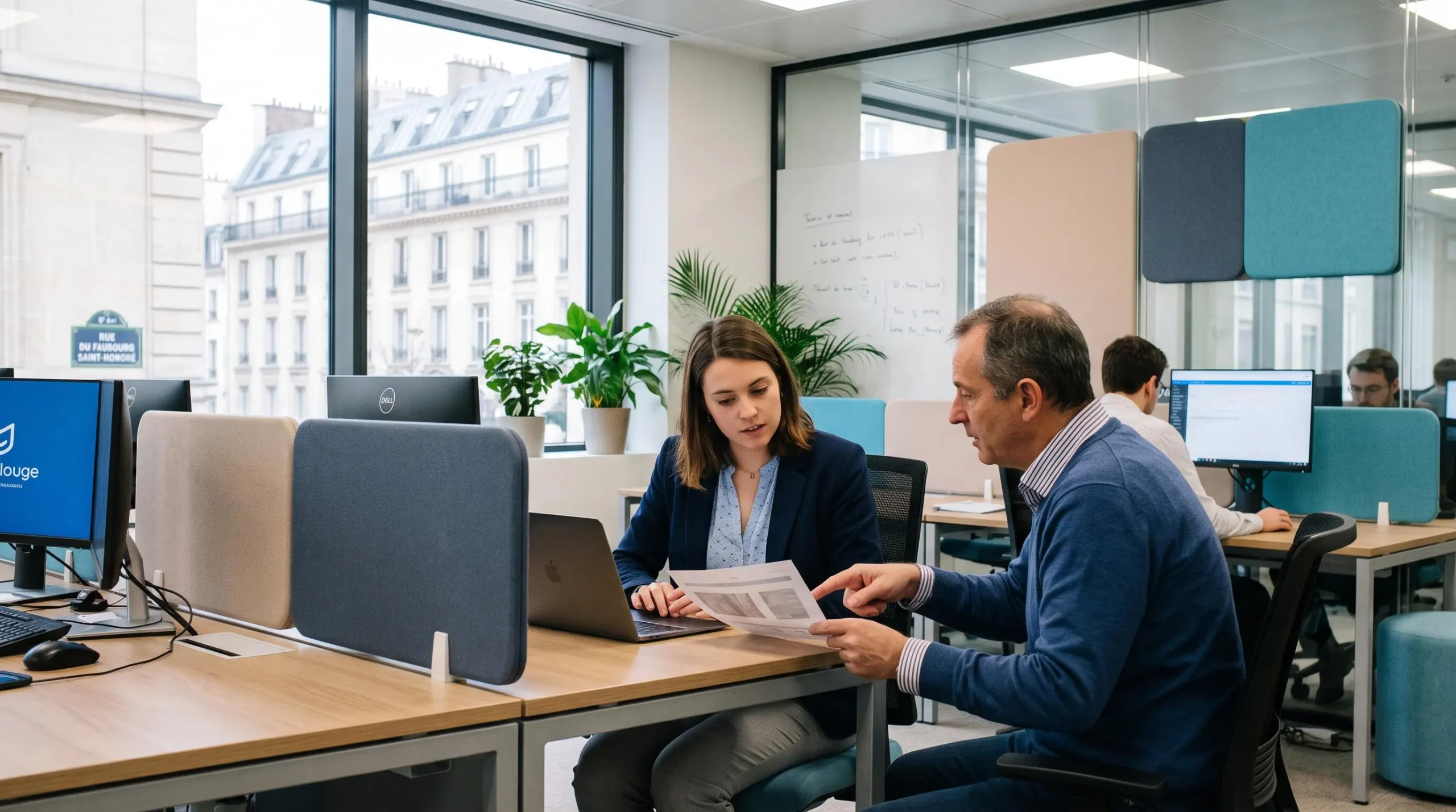 Étudiant en alternance dans un bureau moderne, en discussion de travail avec son tuteur professionnel