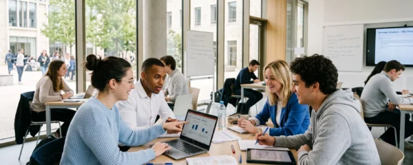 Étudiants en formation dans un campus d'école de commerce moderne, travaillant en équipe dans une salle de classe contemporaine avec grandes baies vitrées