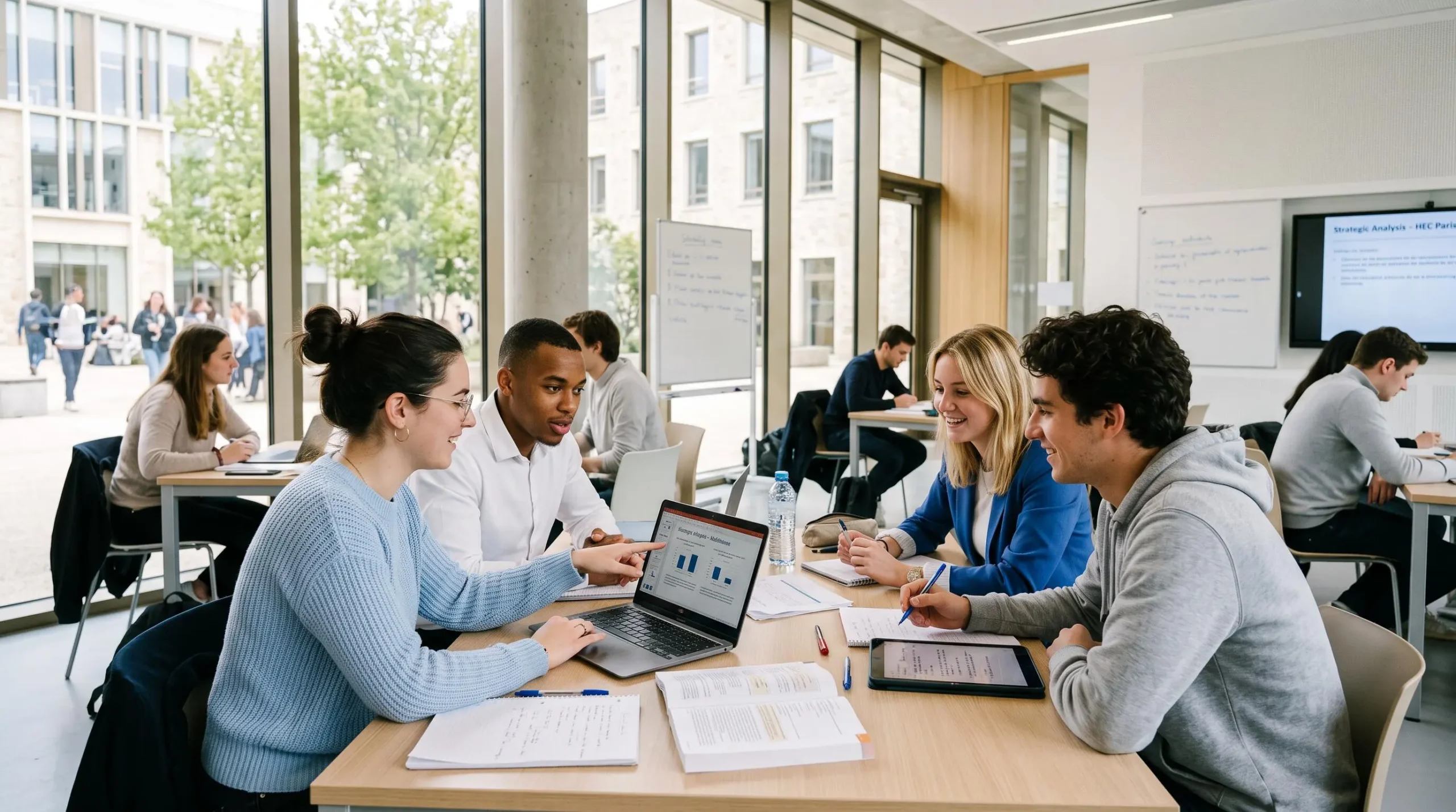 Étudiants en formation dans un campus d'école de commerce moderne, travaillant en équipe dans une salle de classe contemporaine avec grandes baies vitrées
