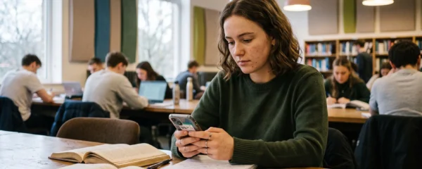 Un étudiant consulte une application bancaire sur son smartphone dans une bibliothèque universitaire moderne.