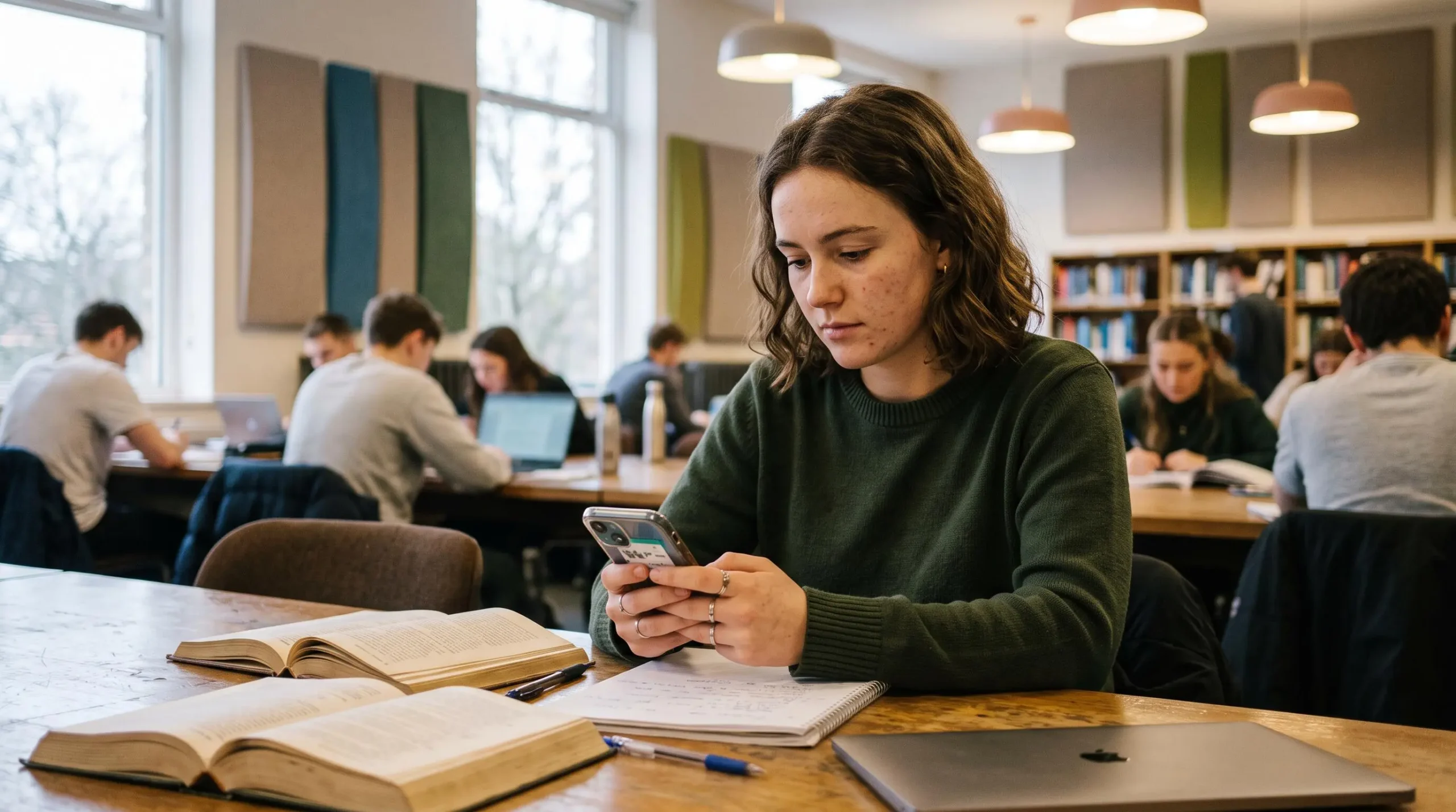 Un étudiant consulte une application bancaire sur son smartphone dans une bibliothèque universitaire moderne.