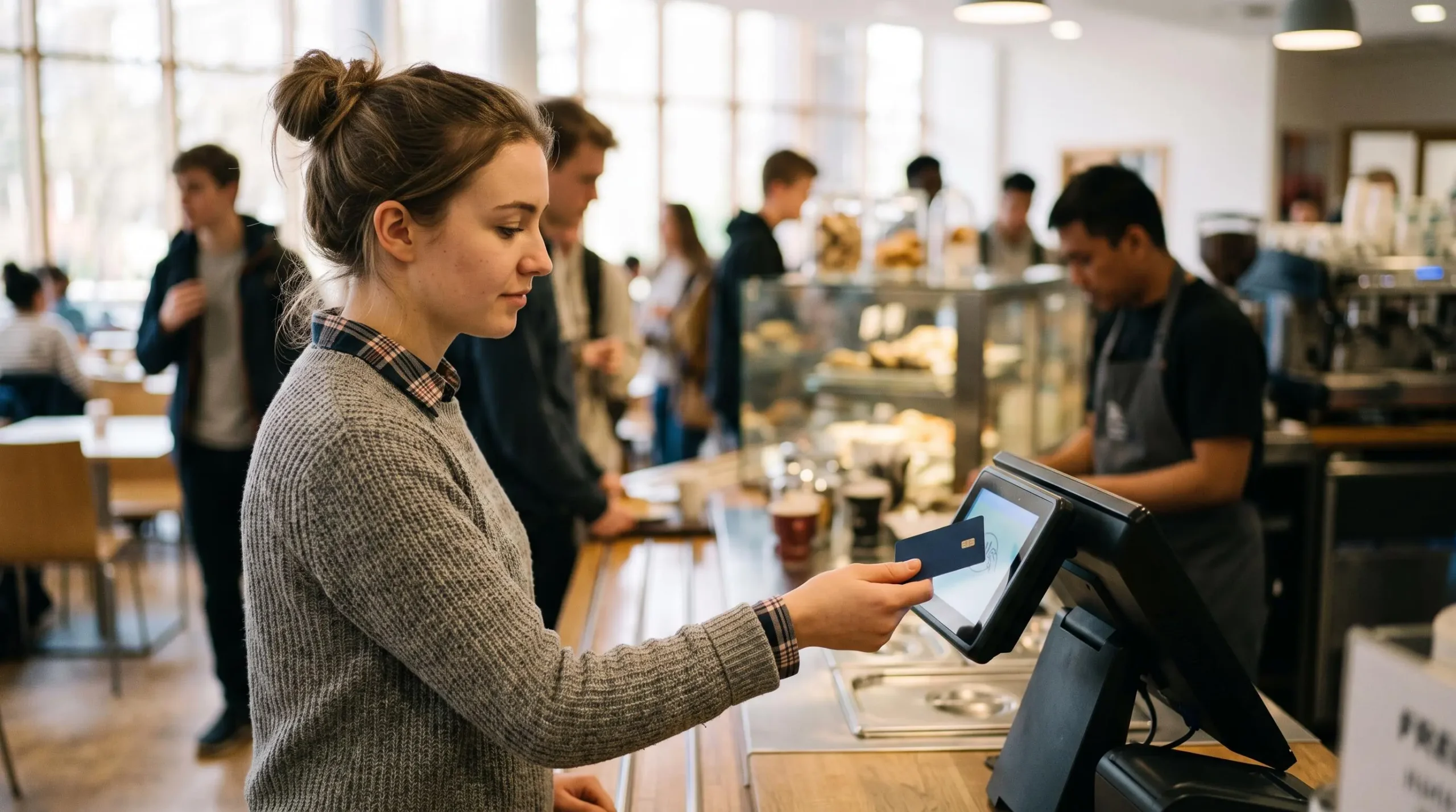 Un étudiant effectue un paiement par carte bancaire dans une cafétéria universitaire.