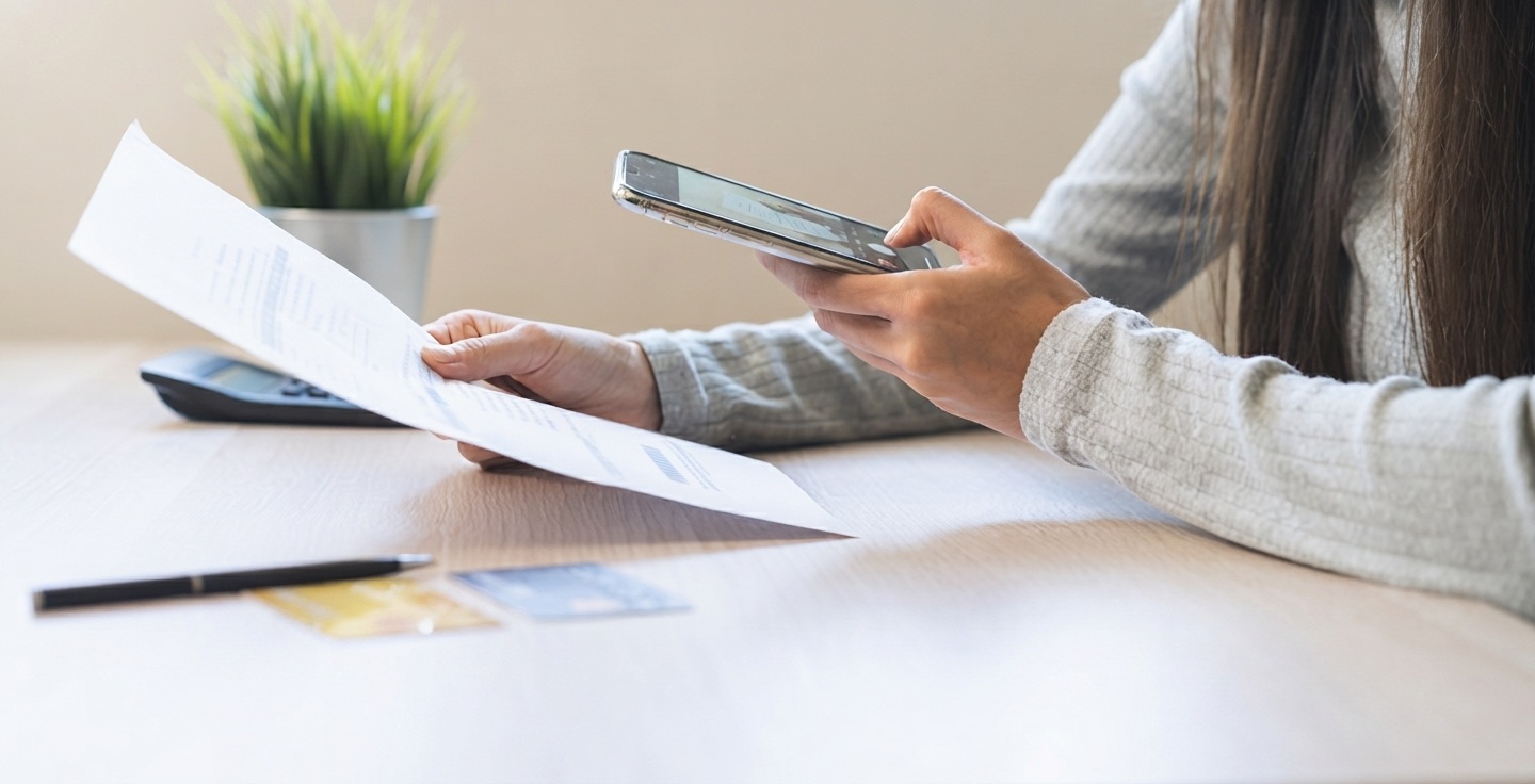 Un étudiant organise ses documents administratifs nécessaires pour l'ouverture d'un compte bancaire sur une table de travail.